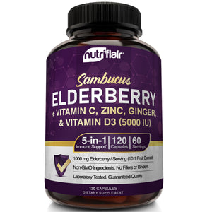 Elderberry, Vitamin C, Zinc, Vitamin D3 - 120 Capsules - NutriFlair