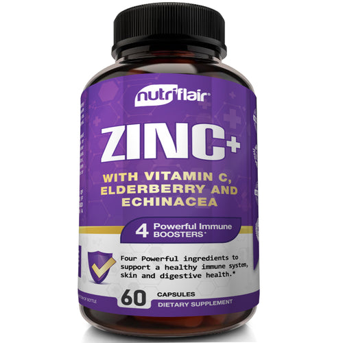 Zinc+ with Vitamin C, Elderberry, Echinacea - 60 Capsules - NutriFlair