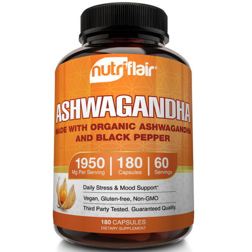 Organic Ashwagandha and Black Pepper 1950mg - 180 capsules