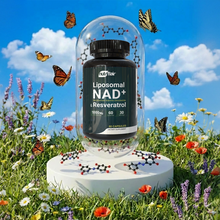 Bottle of Liposomal NAD+ supplement with Resveratrol, 60 vegan capsules, high absorption formula