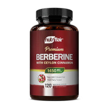 NutriFlair Berberine with Organic Ceylon Cinnamon 1450mg bottle, front label, on white background