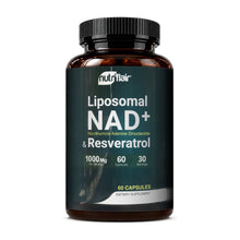 NutriFlair Liposomal NAD+ 700mg + Resveratrol 300mg bottle, front label, on white background