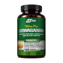 NutriFlair Organic Ashwagandha 1950mg + Black Pepper bottle, front label, on white background