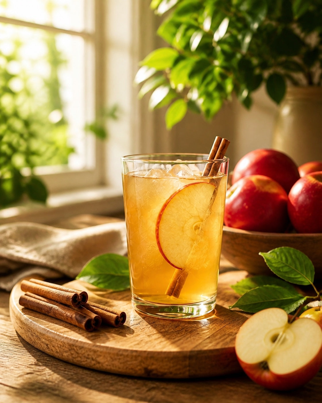 Golden apple cider drink with fresh apples and cinnamon in a sunlit kitchen