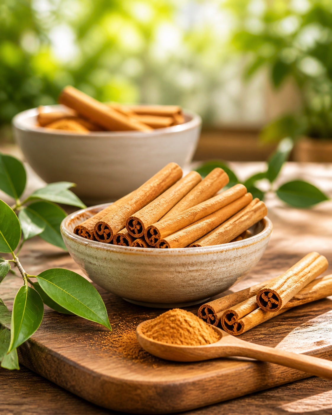 Ceylon cinnamon quills, ground cinnamon and fresh leaves in a sunlit natural setting