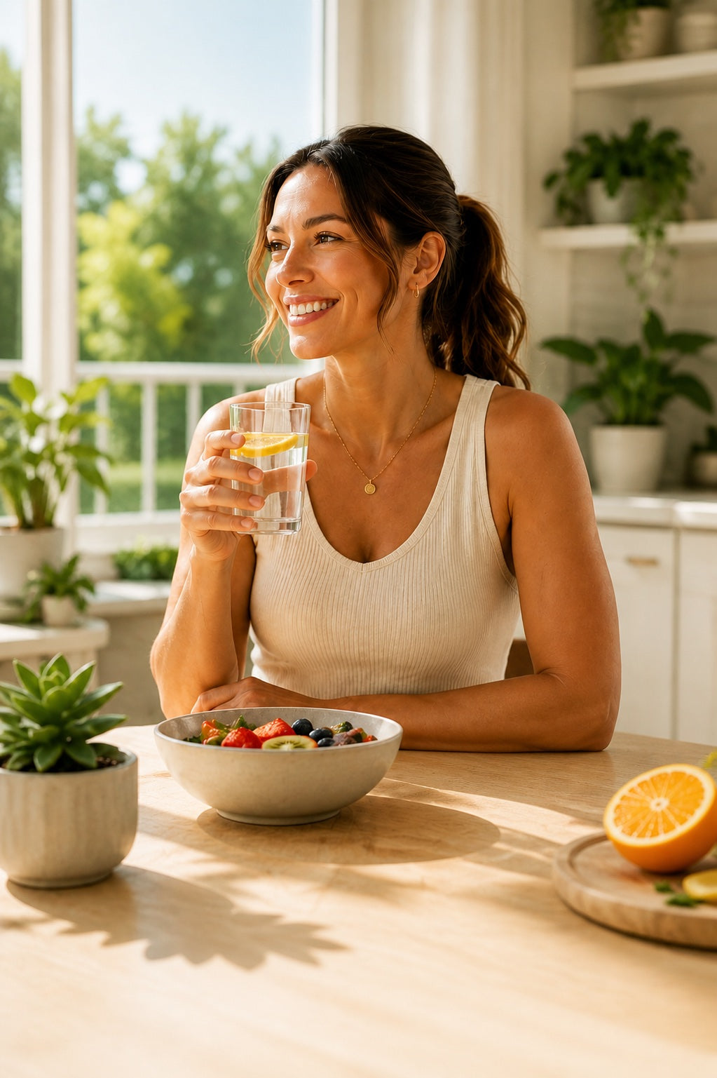 Woman enjoying lemon water and a nourishing breakfast in a sunlit kitchen