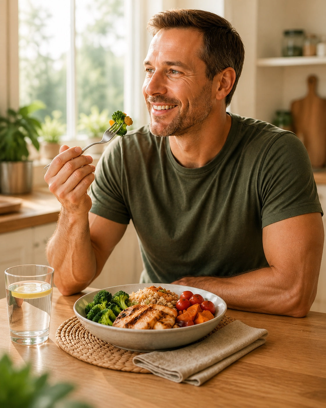 Man enjoying a balanced meal with vegetables, grilled chicken and lemon water in a bright kitchen