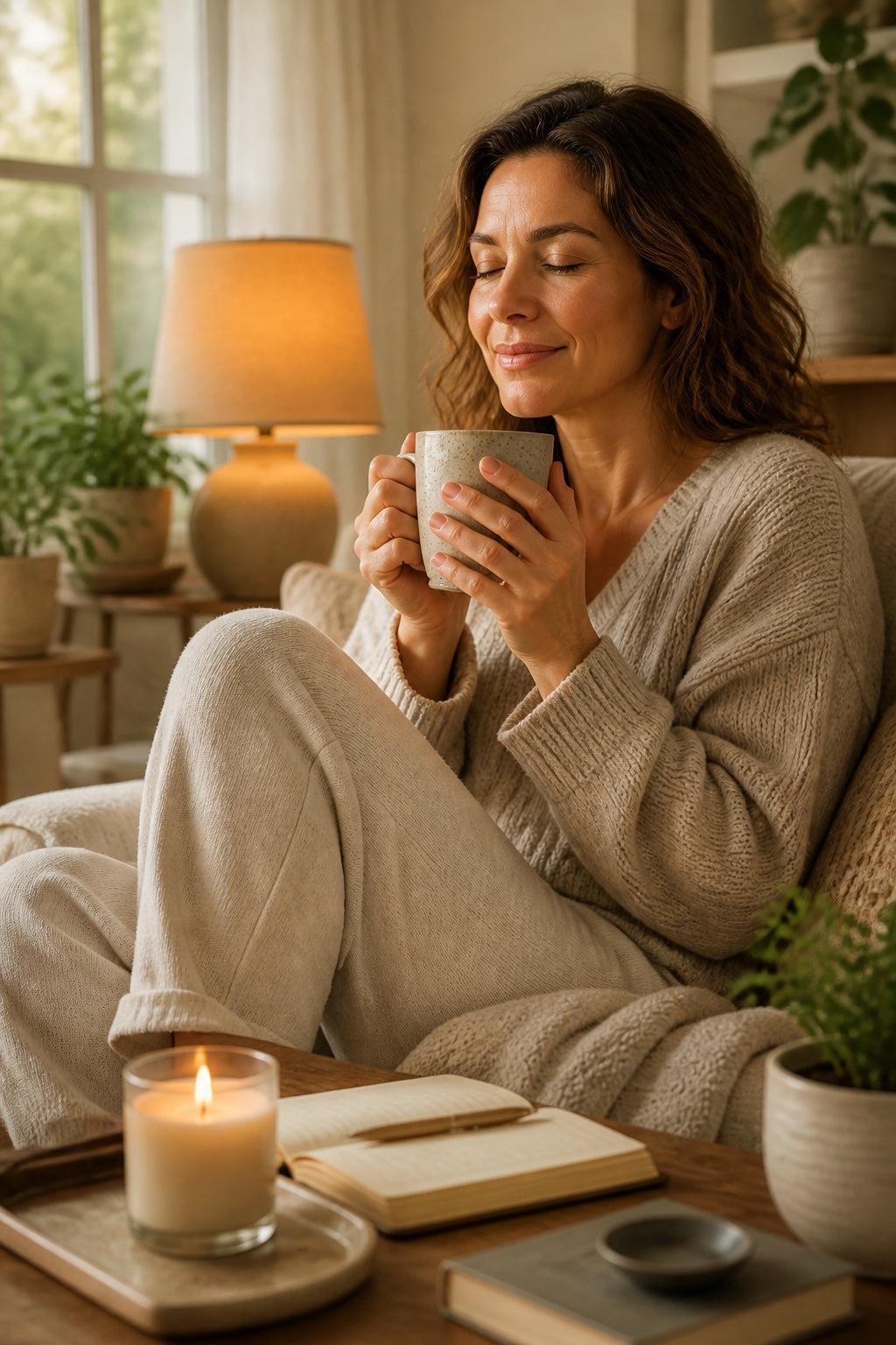 Woman relaxing with a warm drink, candle and journal in a softly lit room