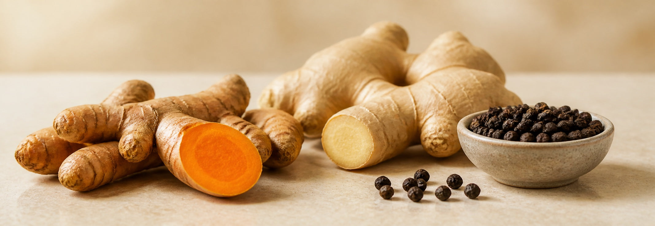Fresh turmeric, ginger and black pepper ingredients