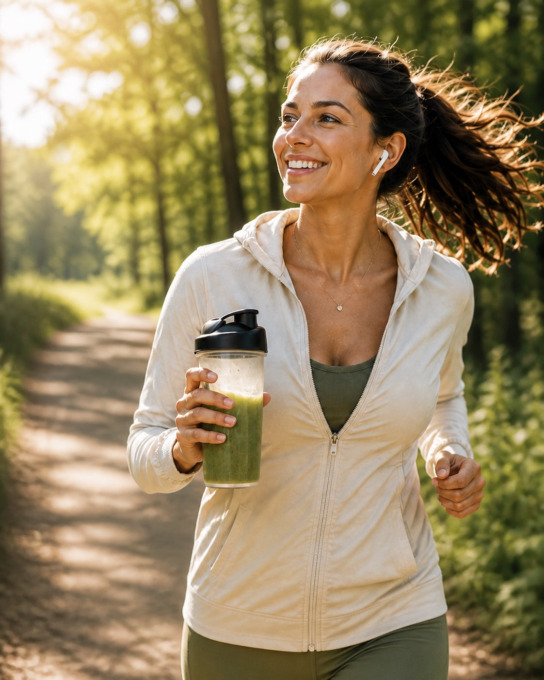 Woman jogging on a sunny wooded path with an unbranded green smoothie shaker