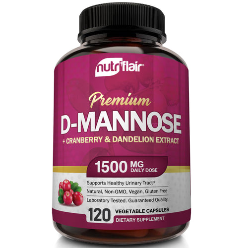 D-Mannose with Cranberry & Dandelion Extract 1500mg - 120 Capsules - NutriFlair