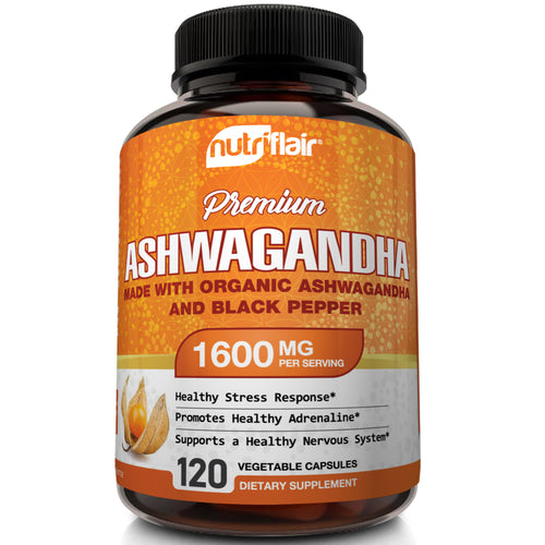 Bottle of Ashwagandha and Black Pepper Organic Supplements 1600mg 120 capsules from NutriFlair
