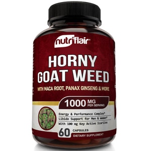 Bottle of Horny Goat Weed 1000mg with Maca Root Performance Supplement - 60 capsules from NutriFlair