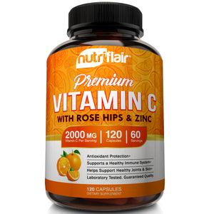 Vitamin C 2000mg with Zinc and Rose Hips - 120 Capsules - NutriFlair