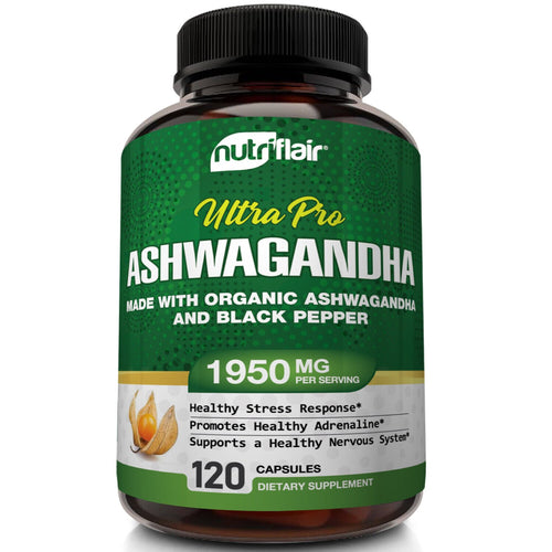 Organic Ashwagandha Capsules 1950mg, 120 Capsules with Black Pepper Root Powder - NutriFlair